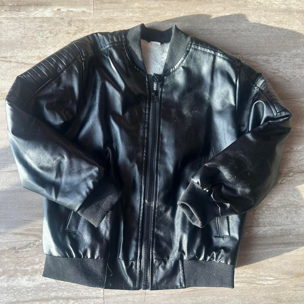 girls black faux leather bomber jacket sz 8